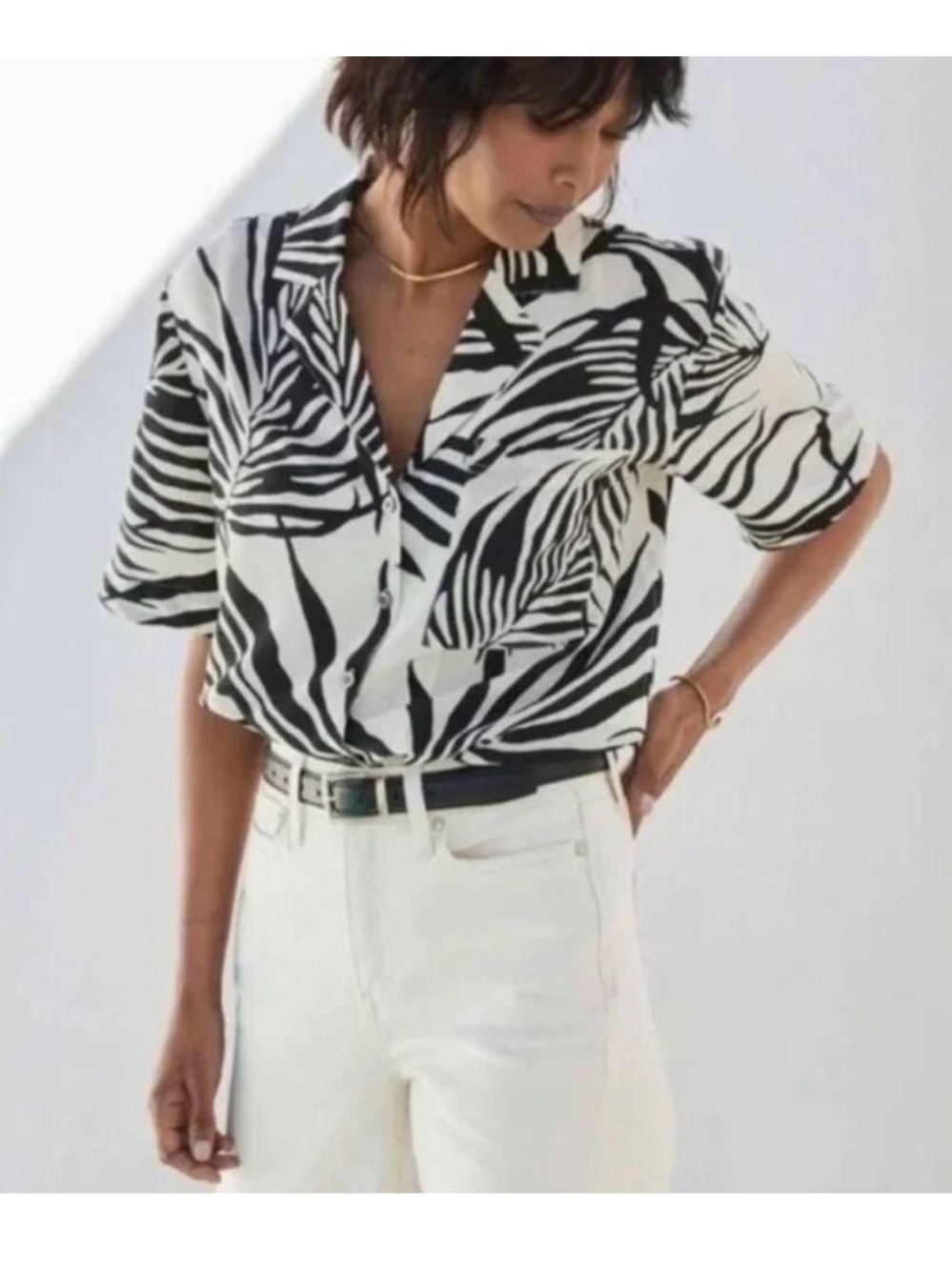 AYR The Pool Boy Silk Button Up Top Blouse Palm Black & Cream Short Sleeve Beach